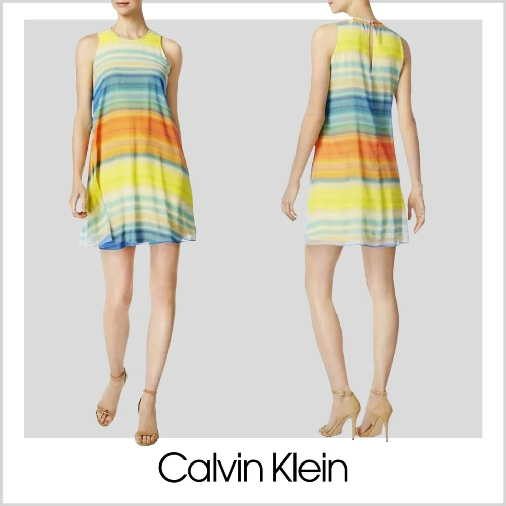 Calvin Klein Dress Womens 10 Yellow Abstract Print‎ Shift Chiffon Sleeveless